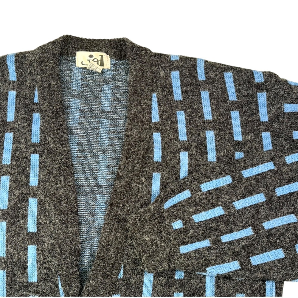 Jed L Gray Blue Cardigan Sweater Geometric Fuzzy Knit Grandpacore Retro 90s